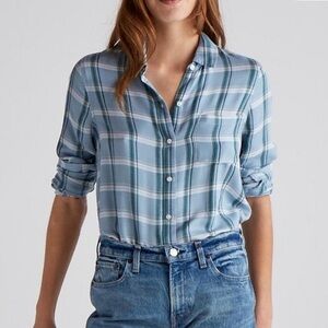 🍀 Lucky Brand Women’s Blue and Green Plaid Button Down Long Sleeved Shirt Medium